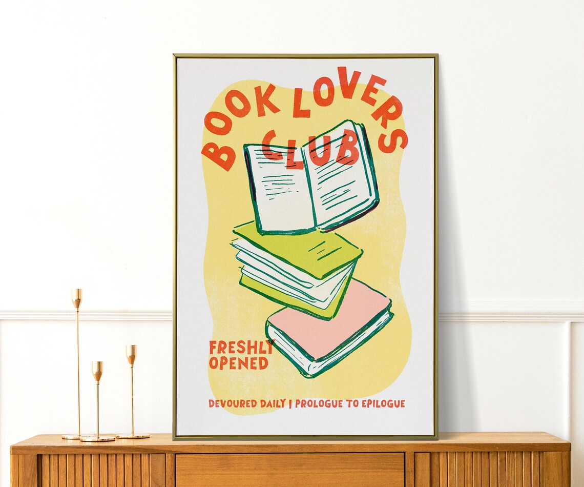 Book Lovers Club Retro Poster with Stacked Books and Open Pages