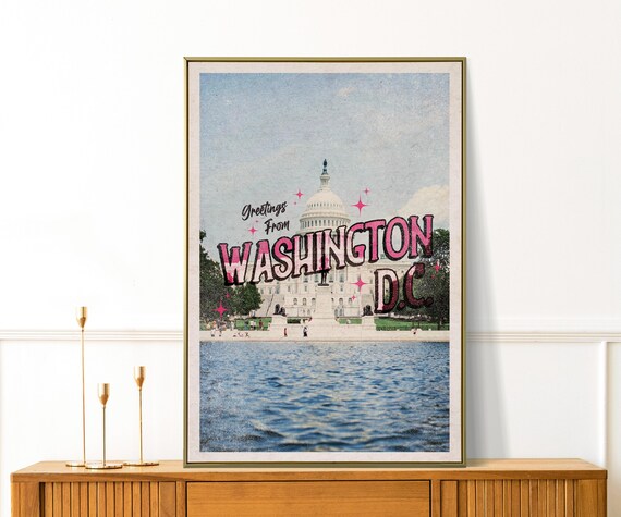 Retro Greetings From Washington DC Capitol Pink Lettering Poster