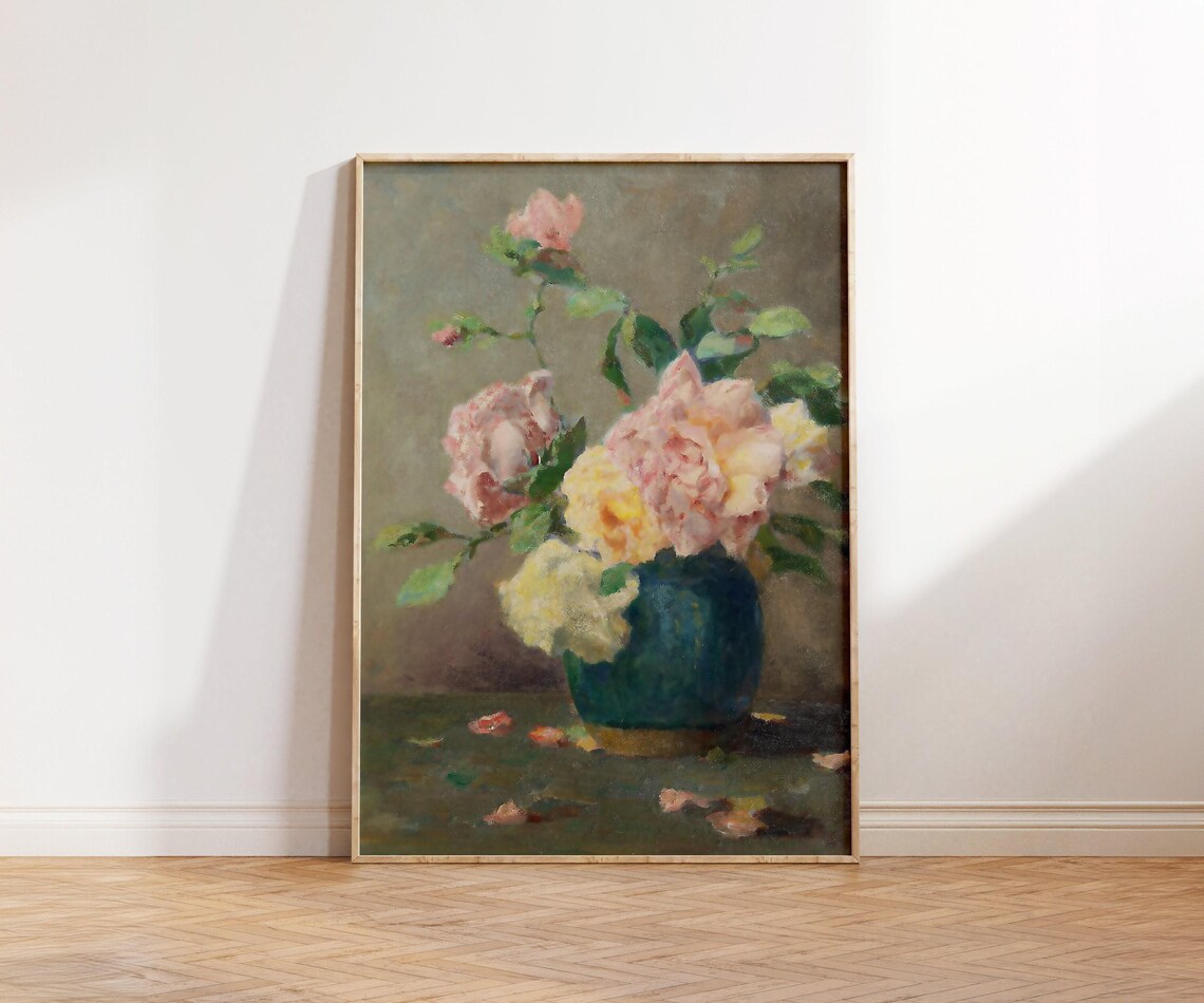 Vintage Oil Painting Pink Roses In Teal Vase Classic Floral Poster