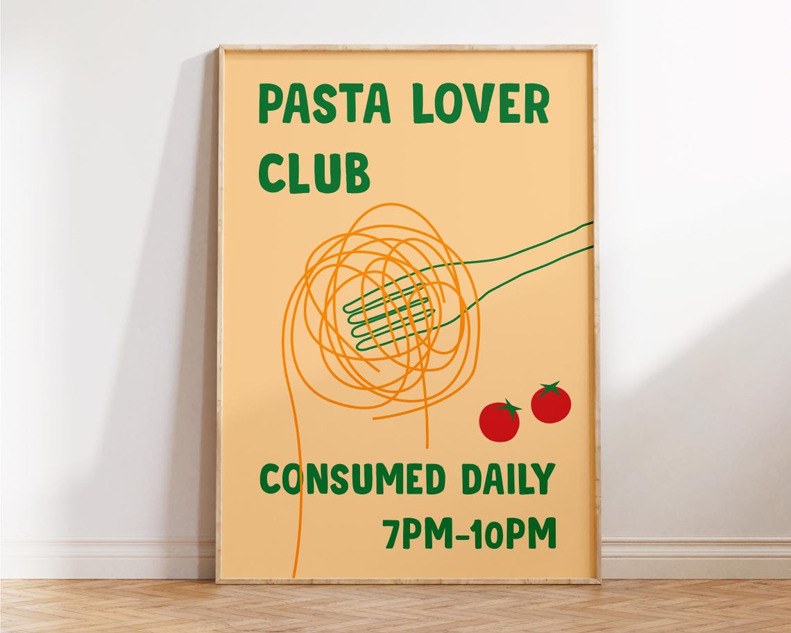 Pasta Lover Club Retro Spaghetti Fork Fun Kitchen Wall Poster