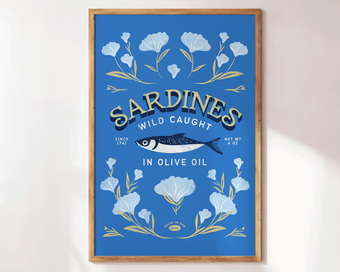 Sardines Wild Caught Vintage Tin Fish Kitchen Label Art Poster