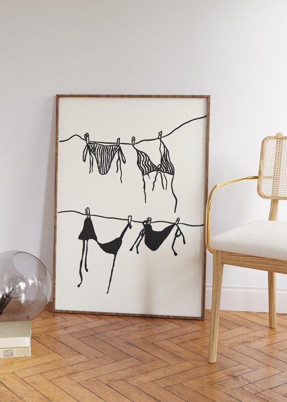 Minimalist Black Line Art Bikinis Hanging on Clothesline Wall Poster