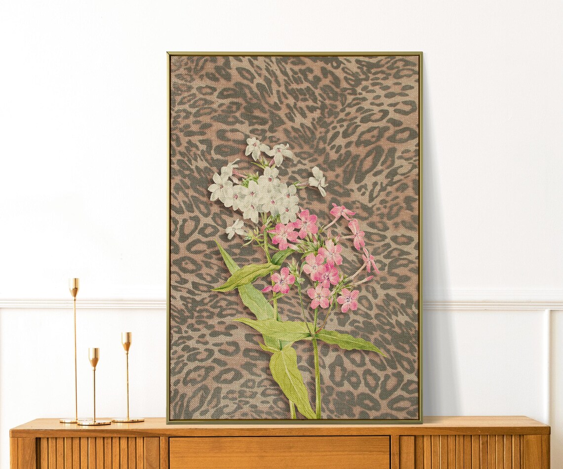 Leopard Spot Botanical Poster with Pink Phlox Flowers Vintage Style