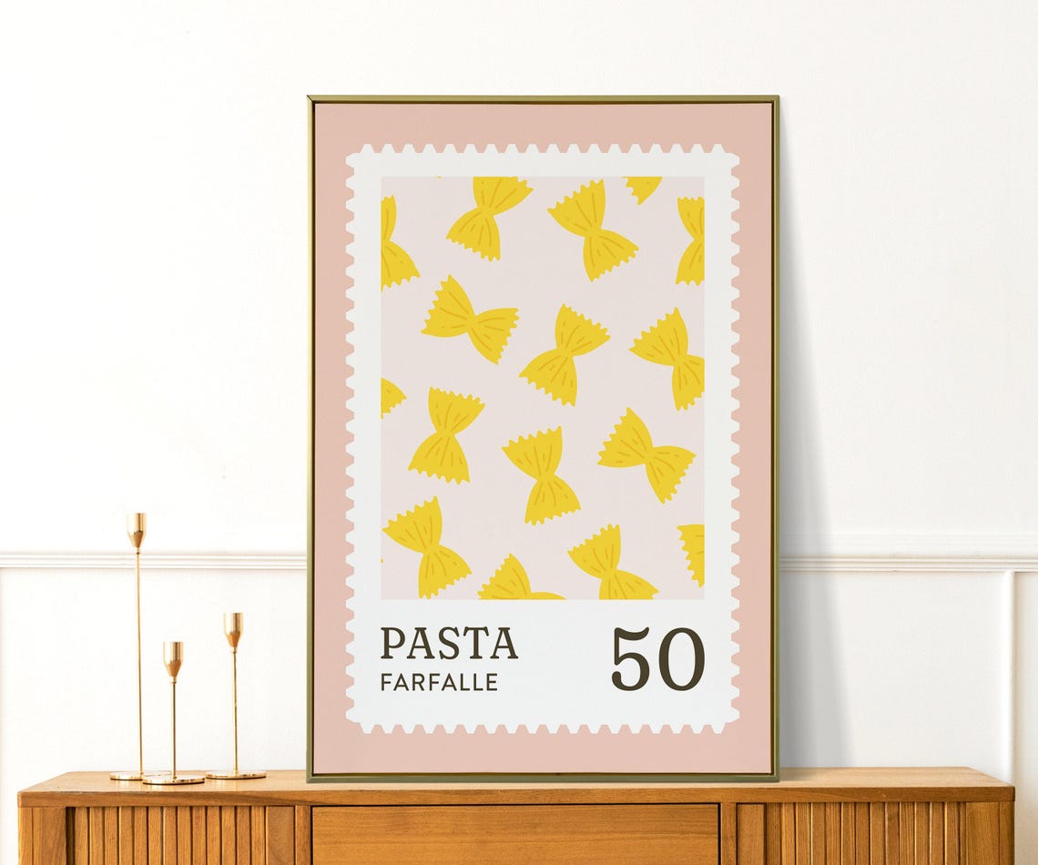Pasta Farfalle Fifty Postage Stamp Cute Retro Italian Kitchen Poster