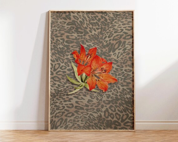 Leopard Print With Cheetah And Retro Flowers Vintage Girly Wall Art Trendy Preppy Decor For Bedroom Or Apartment