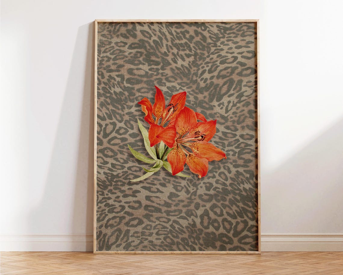 Leopard Spot Botanical Poster with Red Tiger Lilies Vintage Style