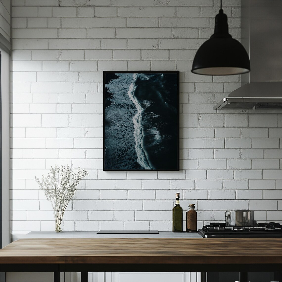 Dark Moody Aerial Ocean Waves Black White Beach Coastal Poster - Image 6