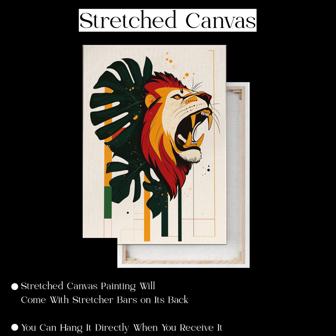 Roaring Lion Head With Monstera Leaves Tropical Modern Wall Art - Image 2