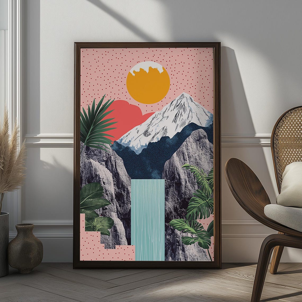 Abstract Mountain Waterfall Art Print Vibrant Geometric Nature Design With Sun Mountains And Waterfall Modern Landscape Wall Decor