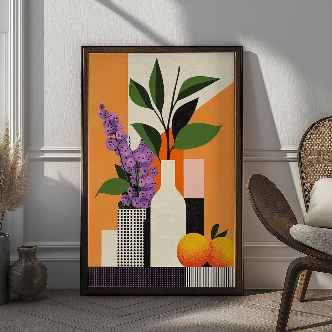 Orange Purple Geometric Floral Still Life with Vases Modern Poster
