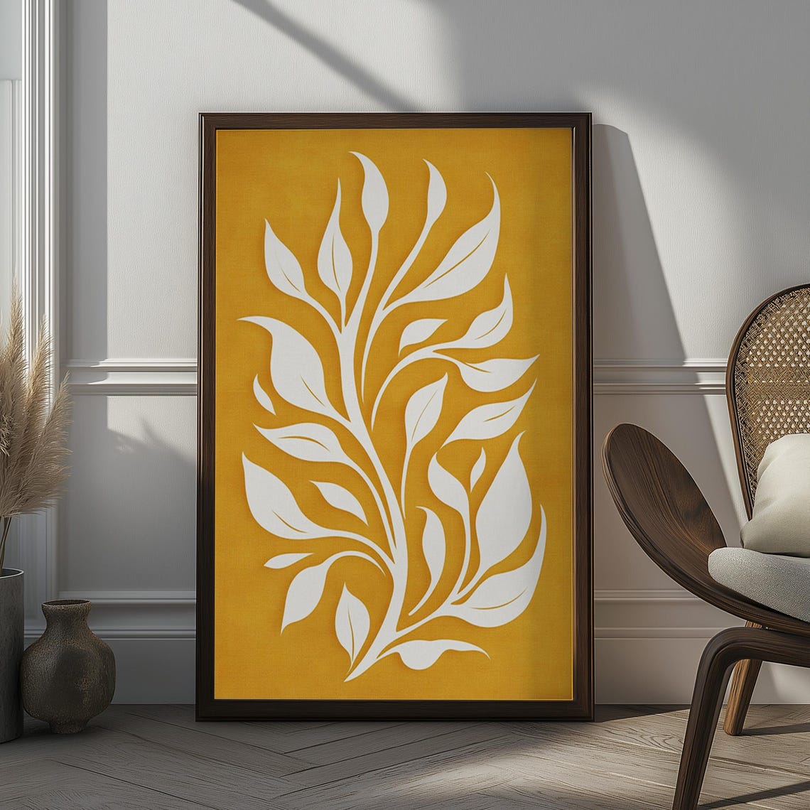 White Botanical Leaves on Mustard Yellow Boho Chic Floral Wall Art