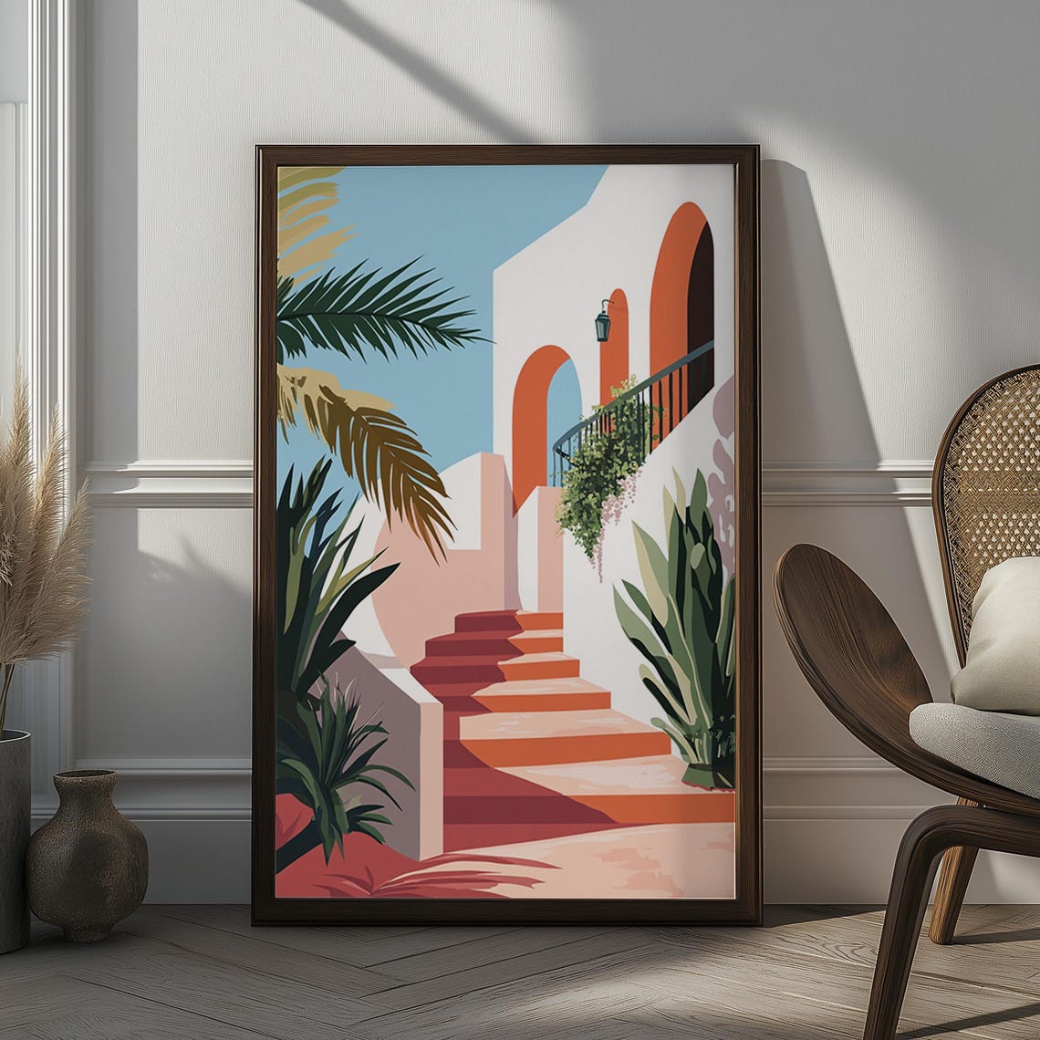Colorful Mediterranean Staircase Arches Tropical Travel Poster