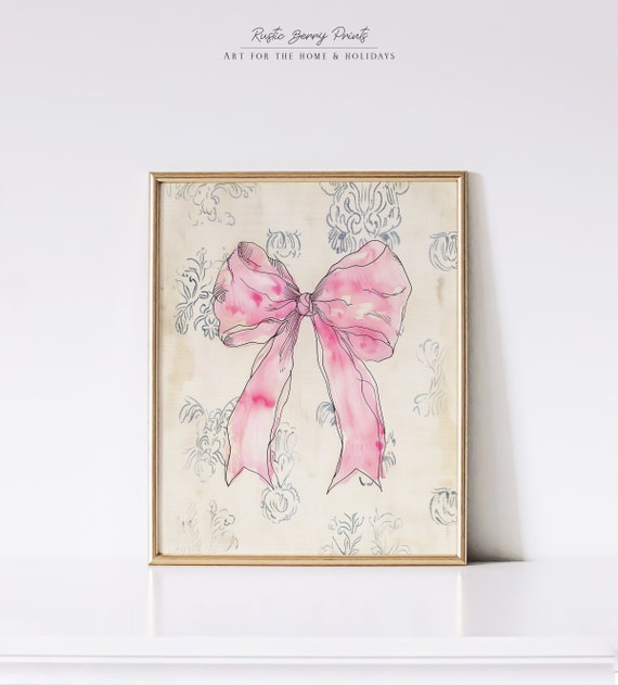 Trendy Pink Bow Coquette Print Soft Vintage Aesthetic Wall Art Balletcore Girly College Apartment Room Decor