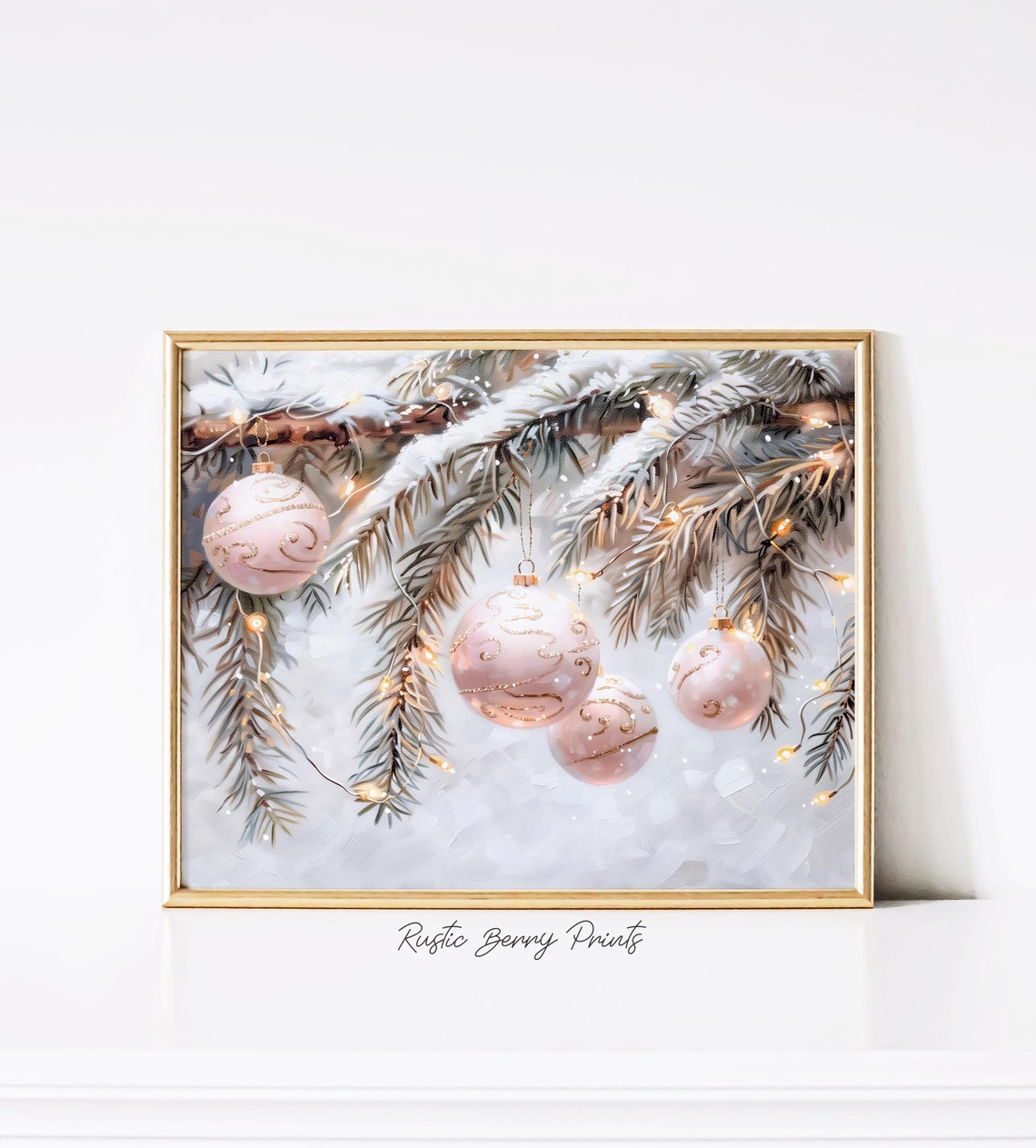 Snowy Pine Branches Pink Ornaments Warm Fairy Lights Winter Art Poster