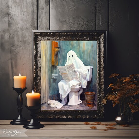 Funny Ghost Reading Newspaper On Toilet Watercolor Bathroom Halloween Wall Art Poster