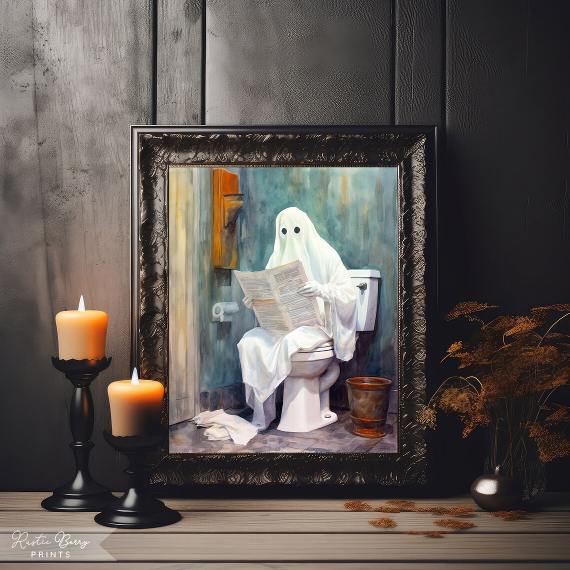 Funny Ghost Reading Newspaper On Toilet Watercolor Bathroom Halloween Wall Art Poster
