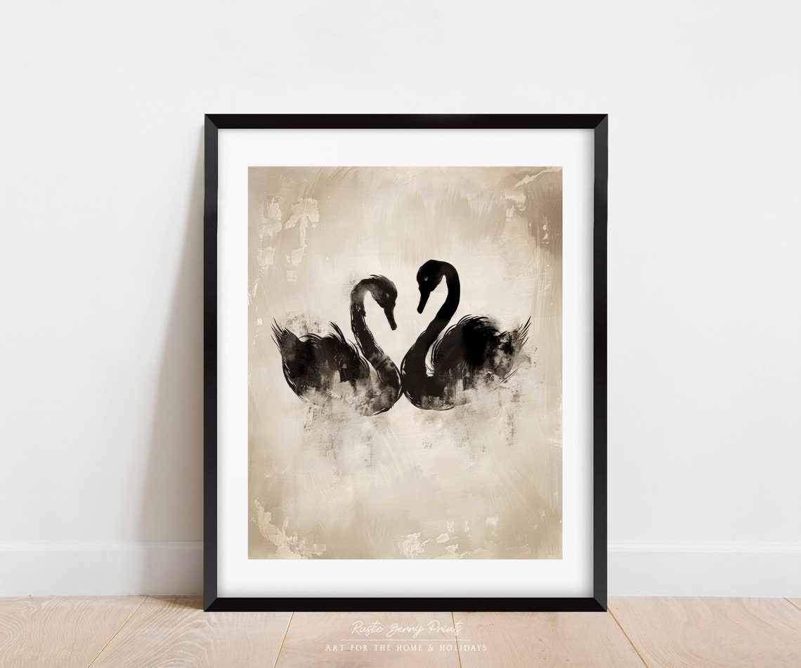 Two Black Swans Ink Wash Painting Minimalist Neutral Beige Wall Art - Image 3
