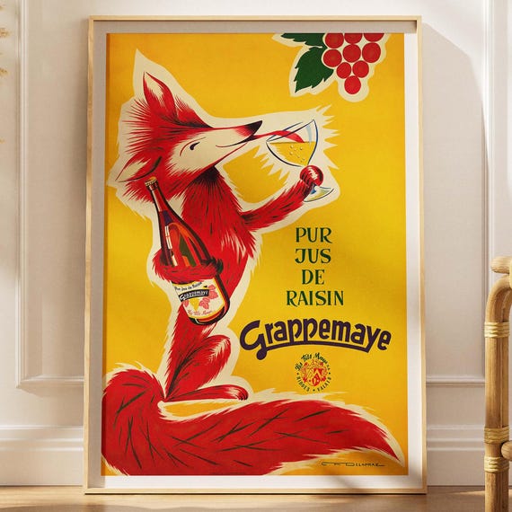 Red Fox Advertising Juice Poster Vintage Swiss Grape Print Retro Kitchen Decor
