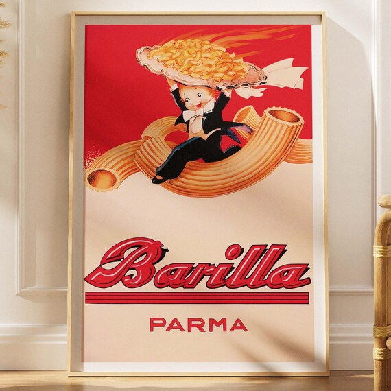 Barilla Parma Vintage Pasta Ad Boy Riding Giant Macaroni Poster