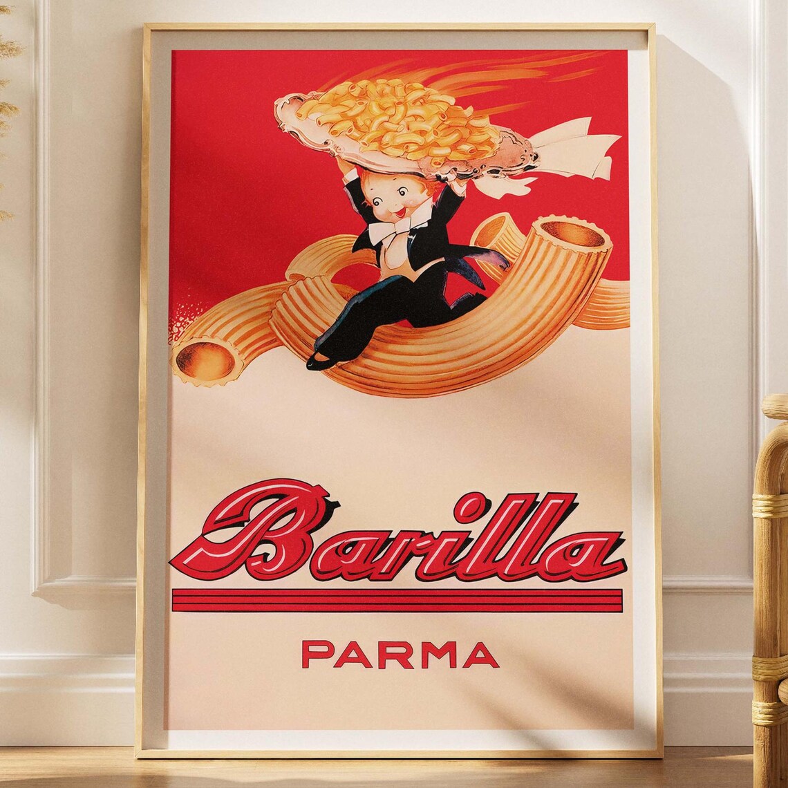 Barilla Parma Vintage Pasta Ad Boy Riding Giant Macaroni Poster