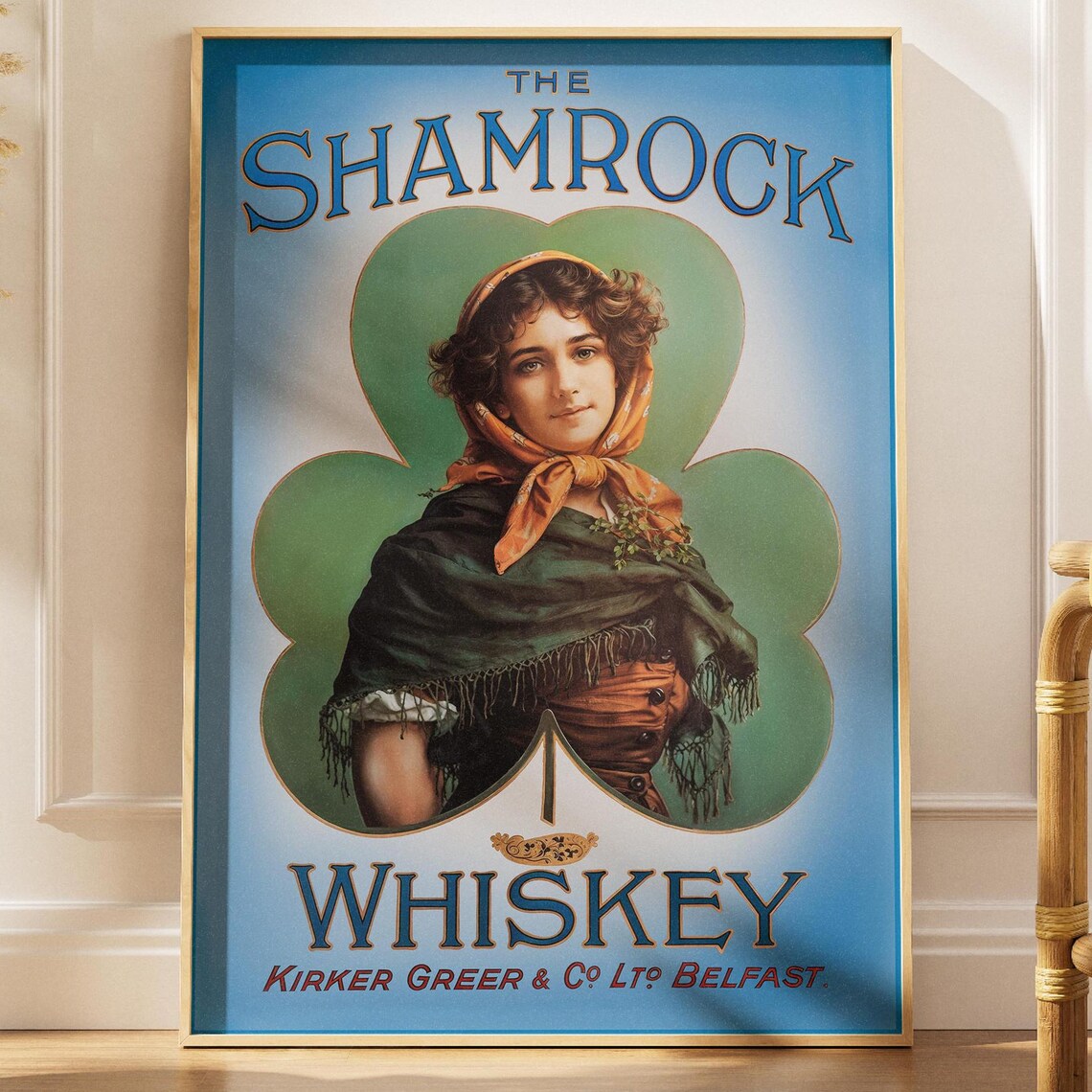 The Shamrock Whiskey Vintage Irish Ad Girl Clover Leaf Belfast Poster Gift
