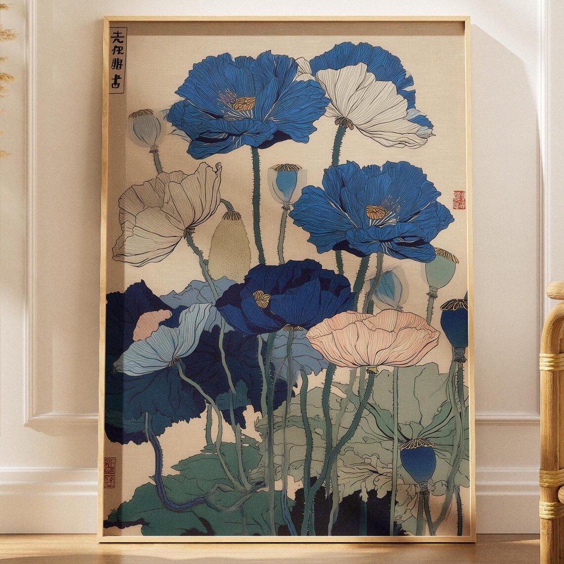 Blue and White Poppy Bloom Ukiyoe Style Japanese Floral Poster