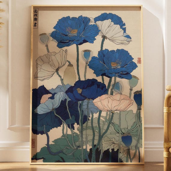 Japanese Blue Poppy Wall Art Print Ukiyoe Poster Cream Floral Traditional Woodblock Flower