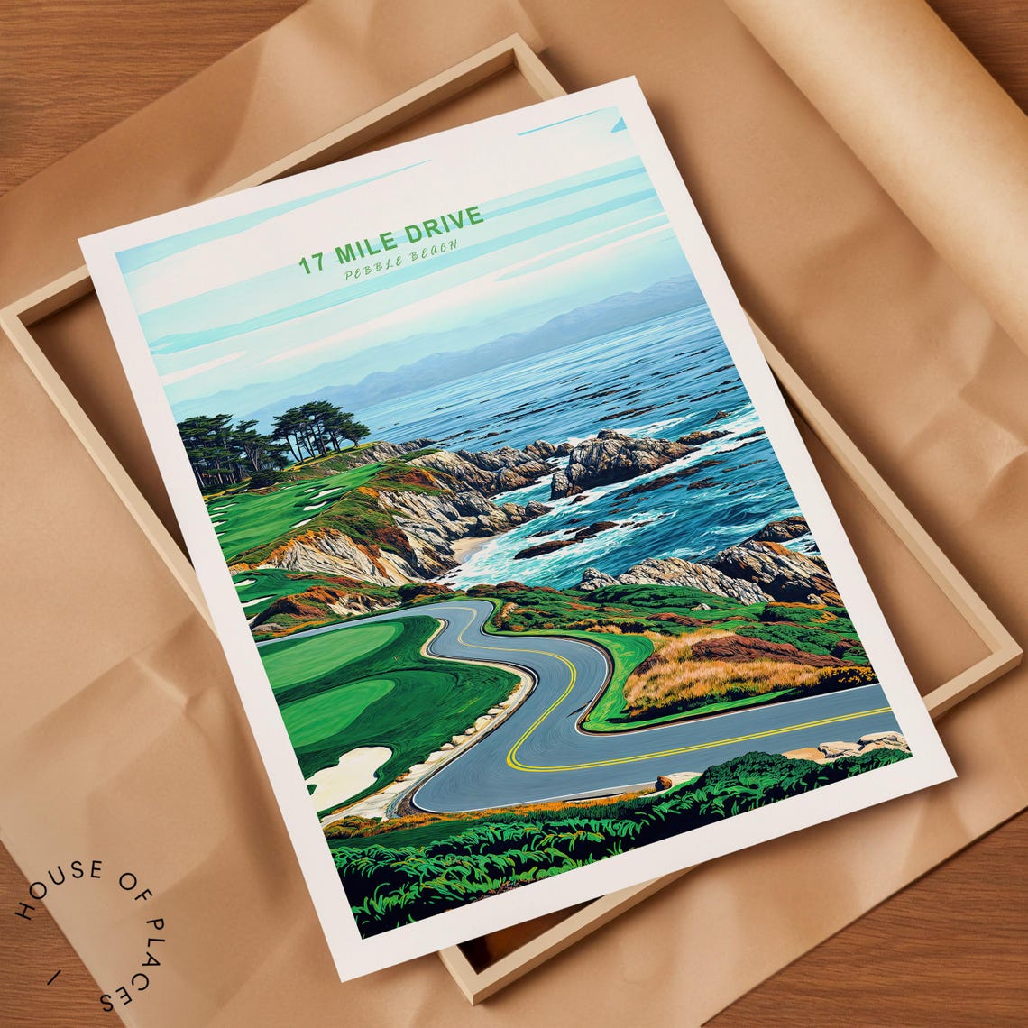 17 Mile Drive Pebble Beach Travel Poster Ocean Road Green Title - Image 2