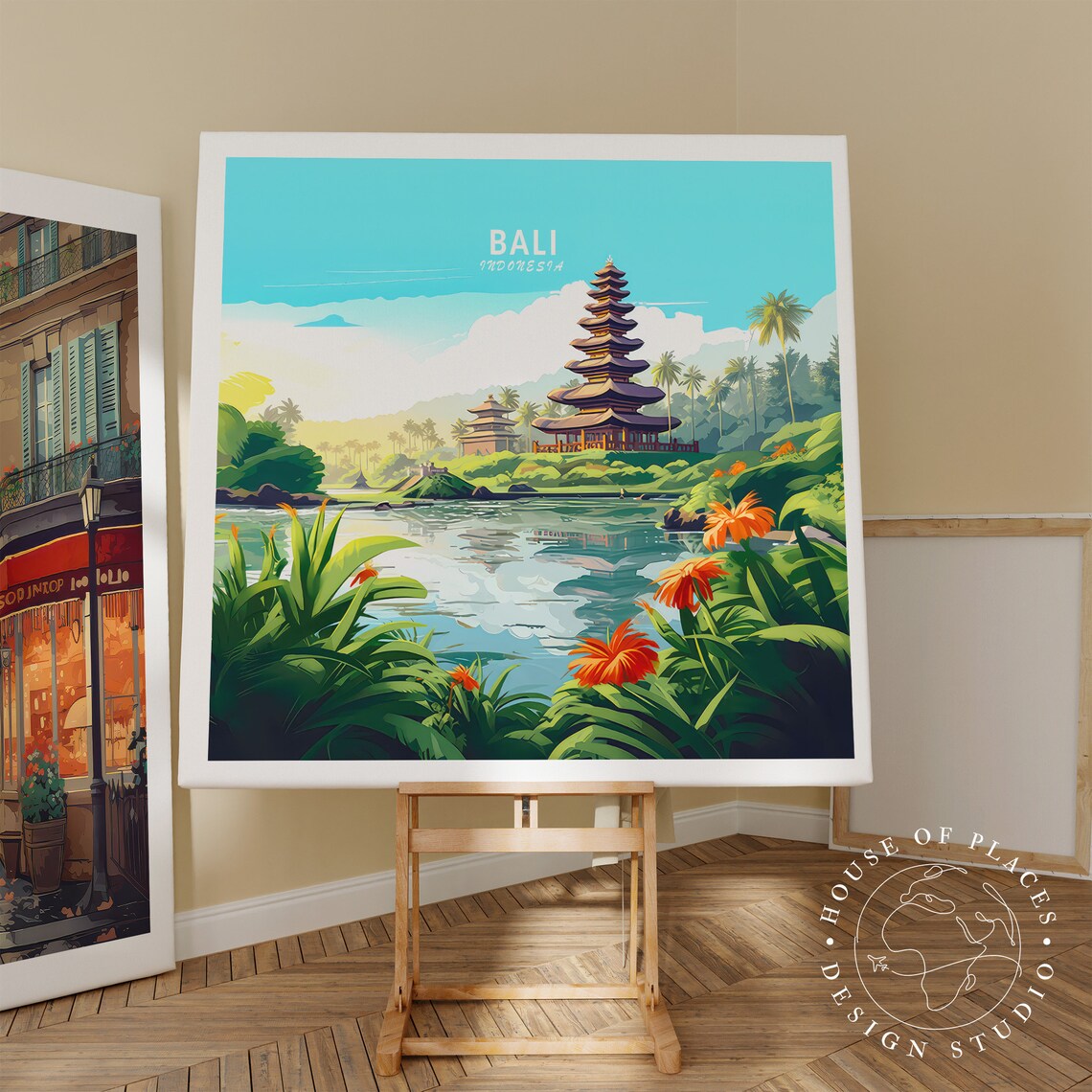 Bali Indonesia Lake Temple Vintage Travel Illustration Poster - Image 2