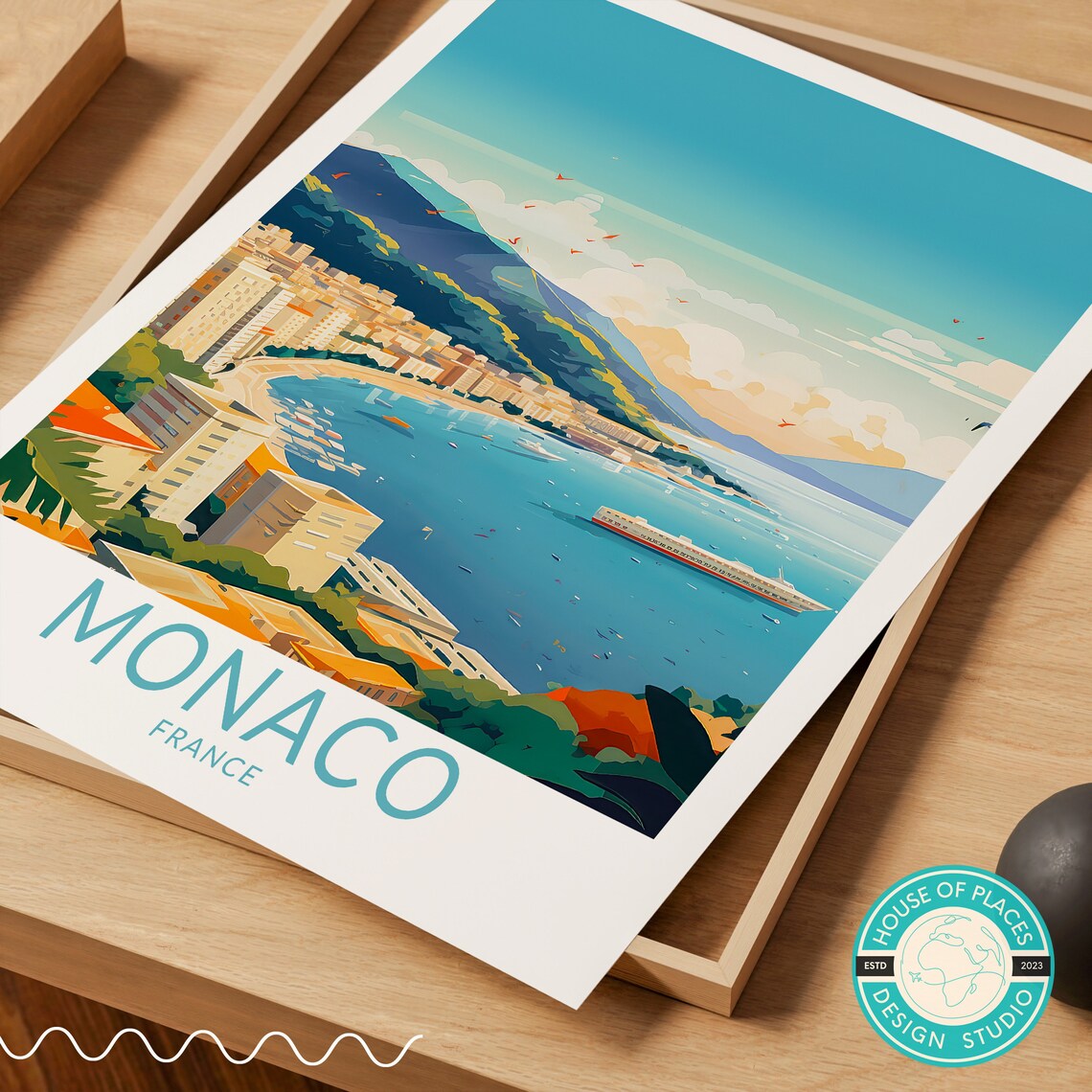 Monaco France Riviera Harbor Vintage Travel Poster with Yachts - Image 2