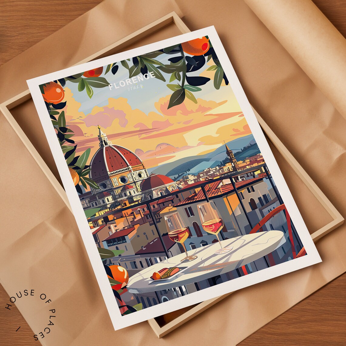 Florence Italy Sunset Duomo Wine Terrace Romance Travel Poster - Image 2