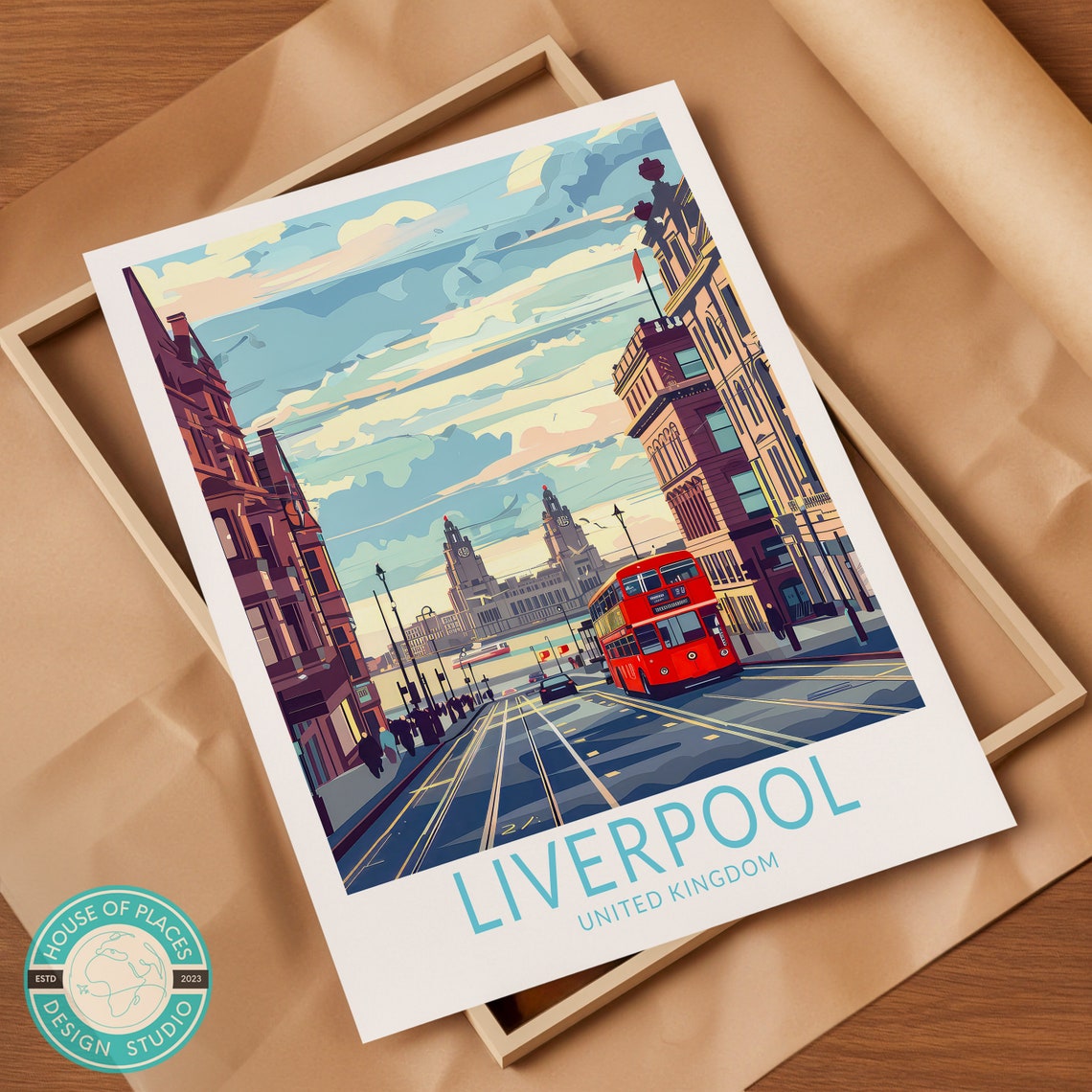 Liverpool England Waterfront Liver Building Red Bus Travel Poster - Image 2