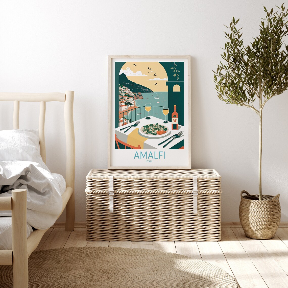 Amalfi Italy Romantic Sunset Wine Terrace Pasta Dinner Travel Poster - Image 3