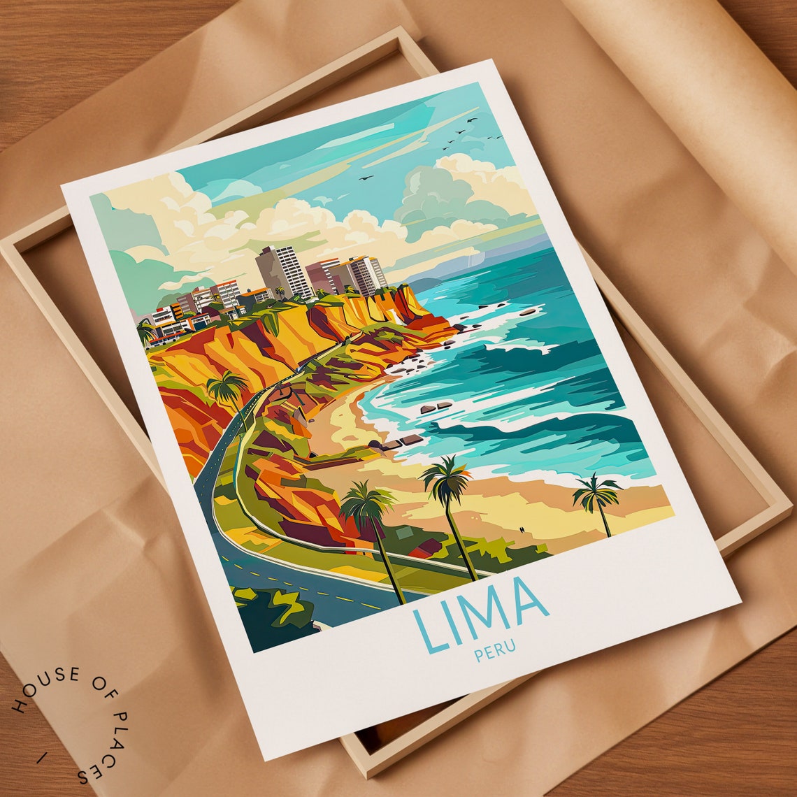 Lima Peru Colorful Coast Cliffs Retro Illustration Travel Poster - Image 2