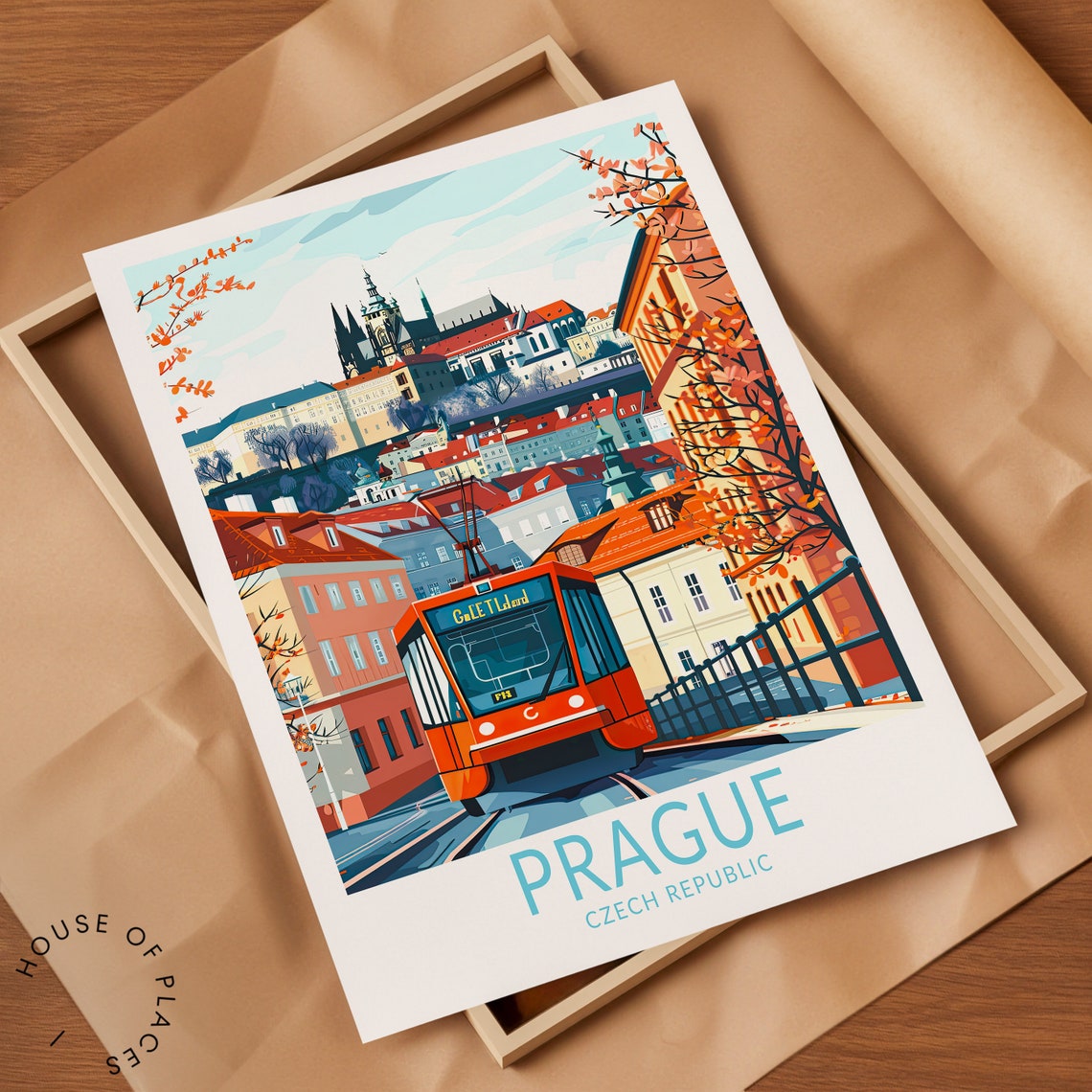 Prague Castle Autumn Red Tram Vintage Czech Travel Art Poster - Image 2