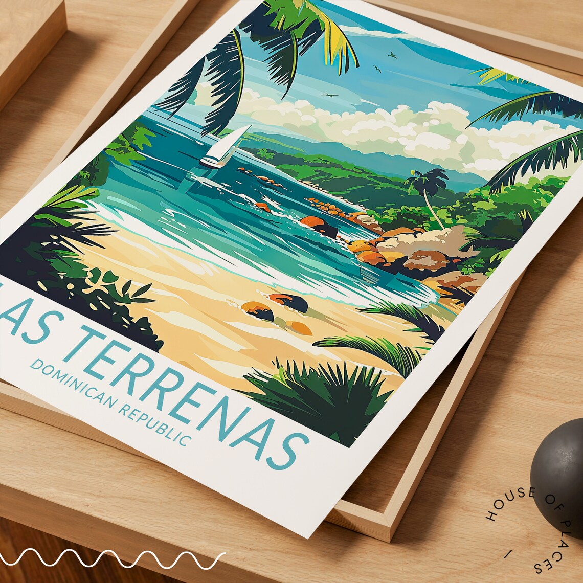 Las Terrenas Dominican Republic Palm Beach Sailboat Scene Travel Poster - Image 3