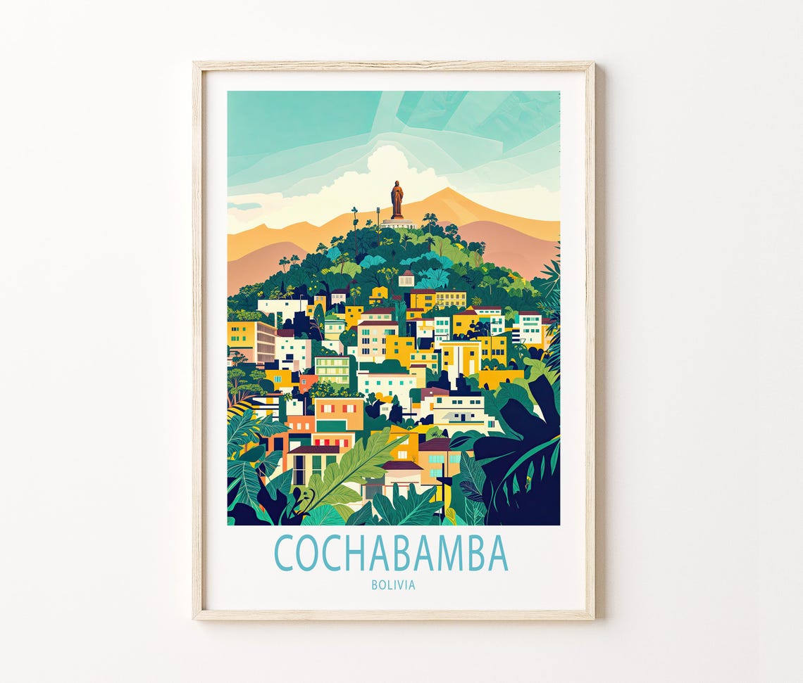 Cochabamba Bolivia Colorful Hillside City Below Hilltop Statue Poster - Image 3