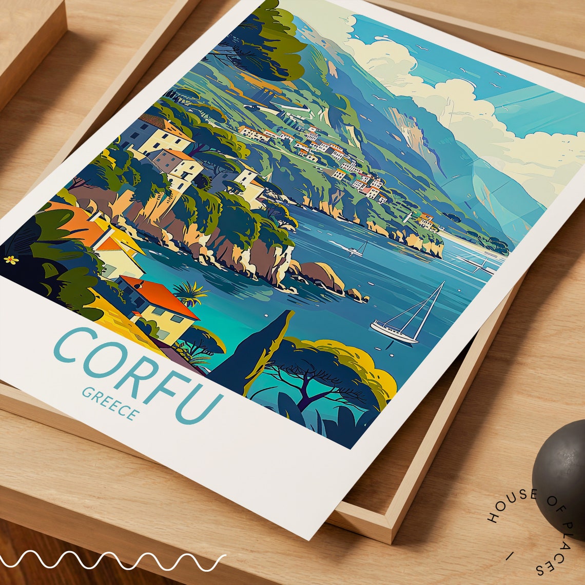Corfu Greece Coastal Town With Sailboat Bay View Travel Poster - Image 3