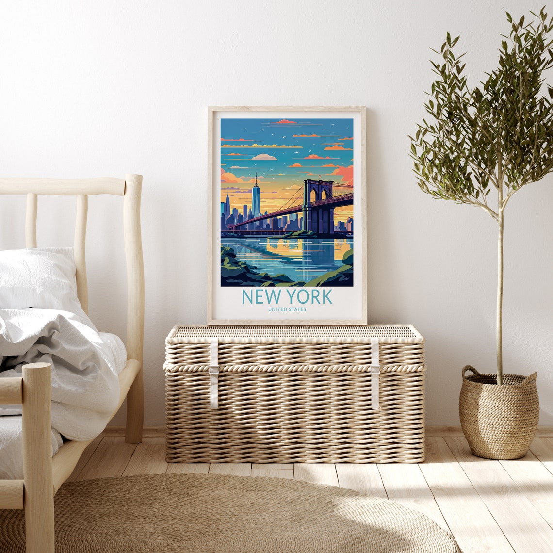 New York Brooklyn Bridge Sunset Manhattan Skyline Travel Poster - Image 3