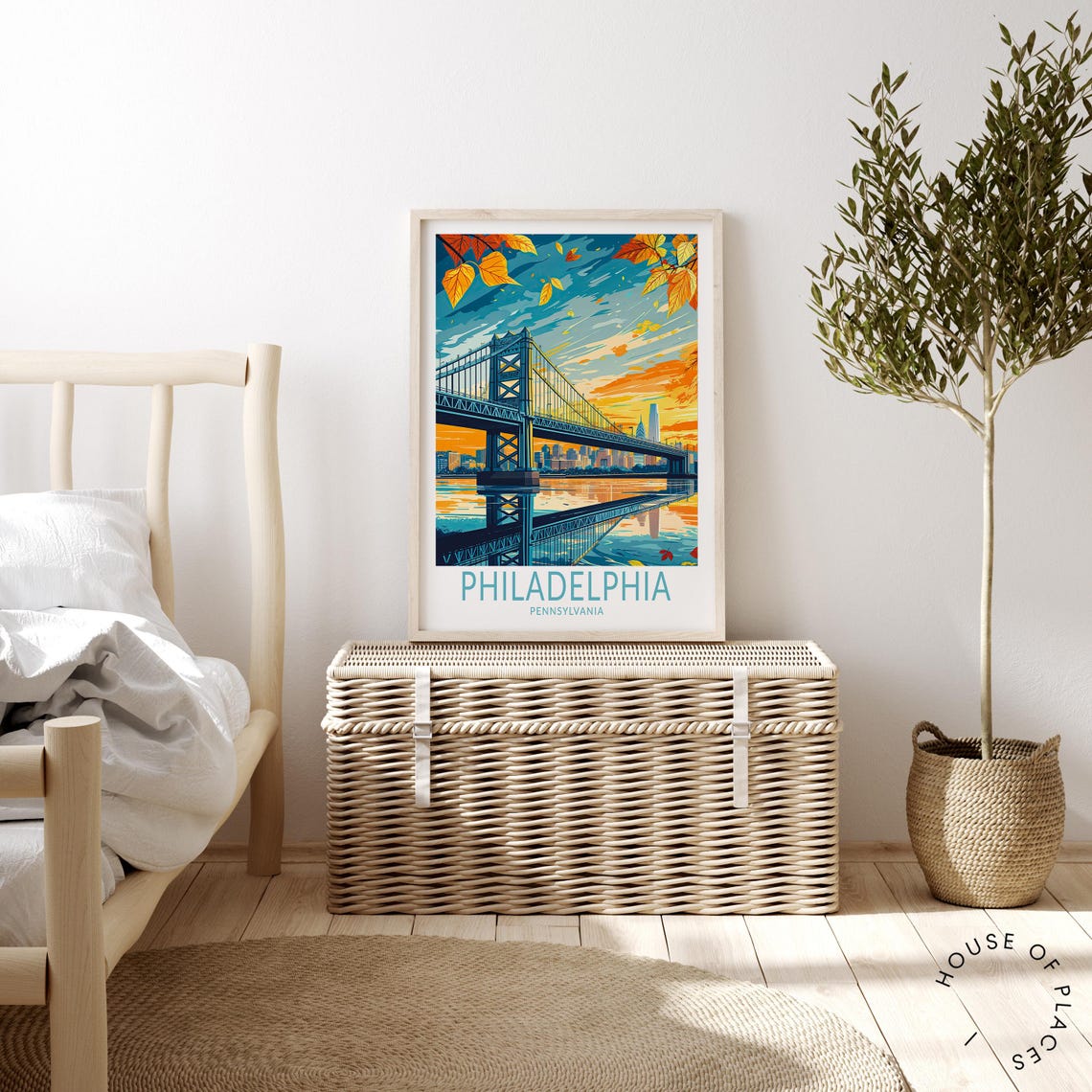 Philadelphia Bridge Skyline Golden Fall Leaves Travel Poster Art - Image 4