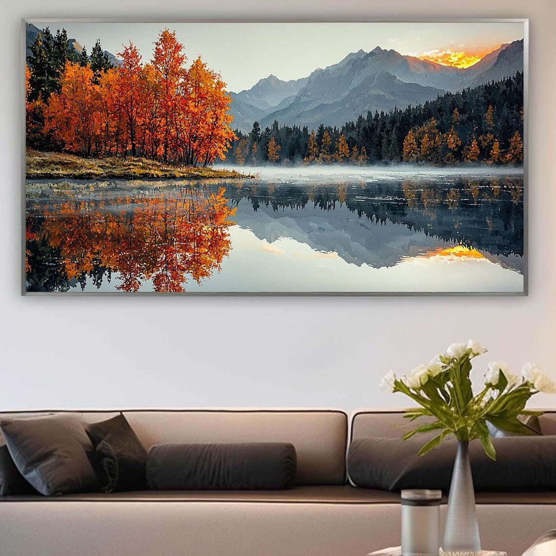 Autumn Mountain Lake Reflection Orange Trees Sunrise Art Poster - Image 5