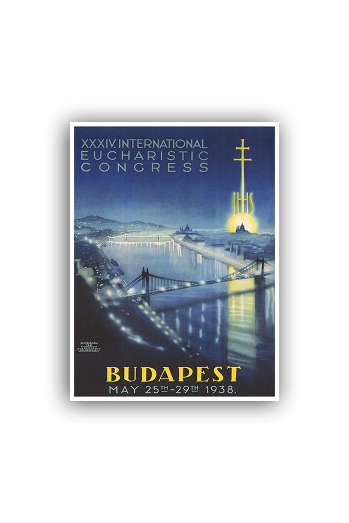 Budapest 1938 Eucharistic Congress Night Danube Bridge Vintage Poster