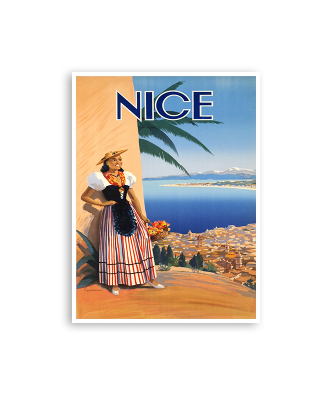 Nice France Nicoise Folk Costume Flower Basket Bay View Poster