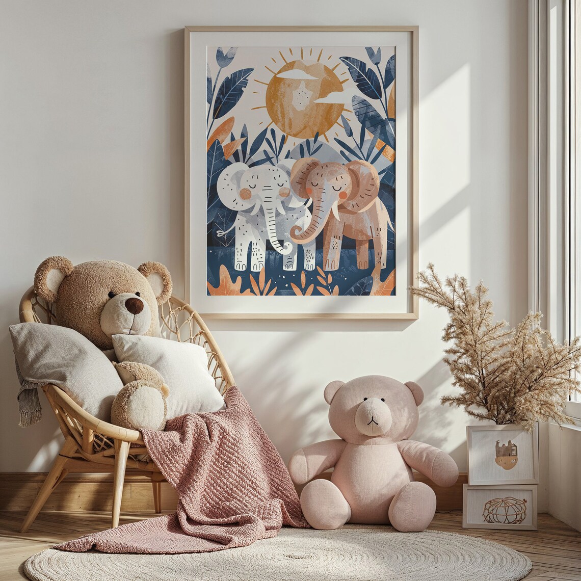 Two Elephants Sun Nursery Poster Jungle Foliage Safari Kids Room Art - Image 3