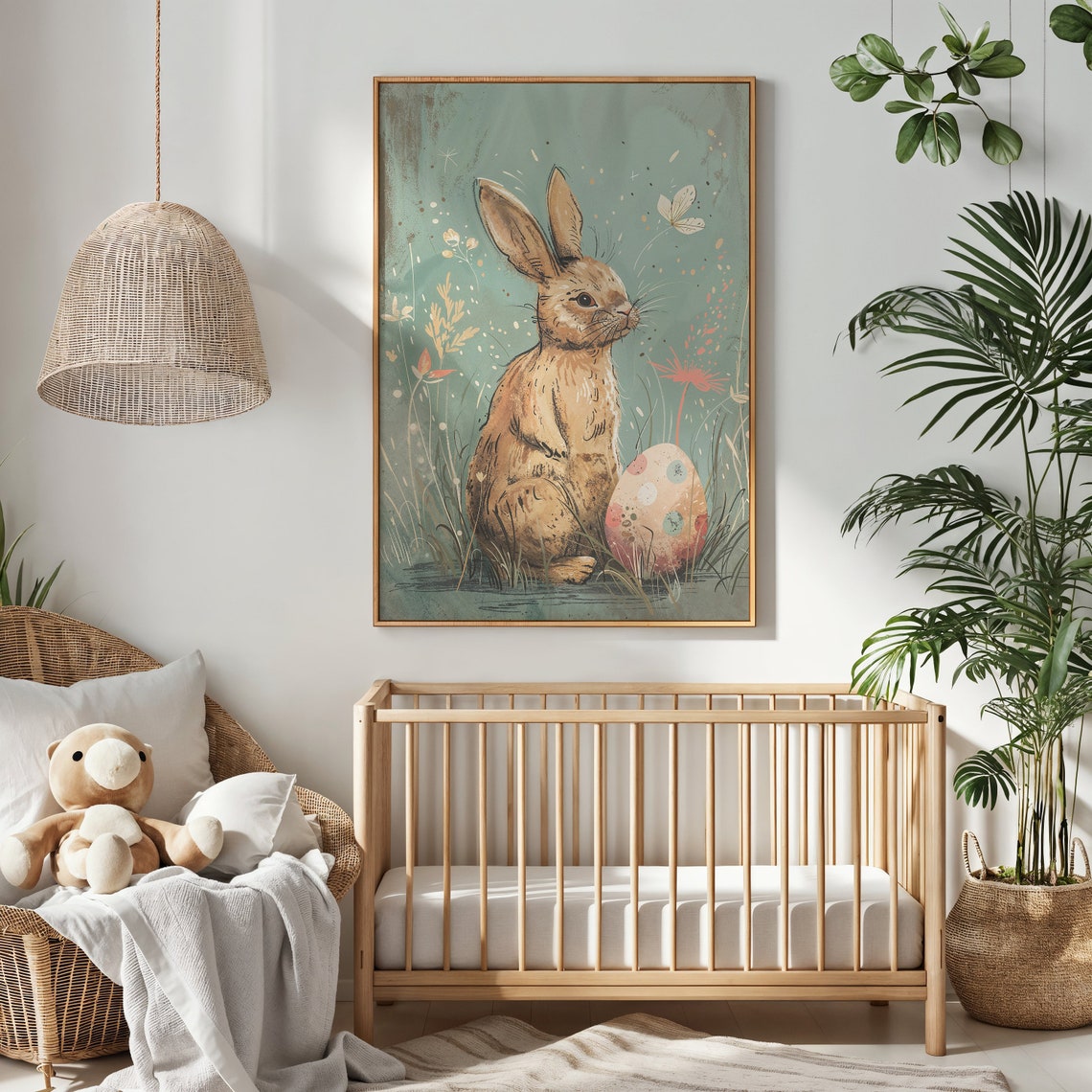Brown Bunny With Decorated Easter Egg Vintage Style Spring Art Print - Image 2