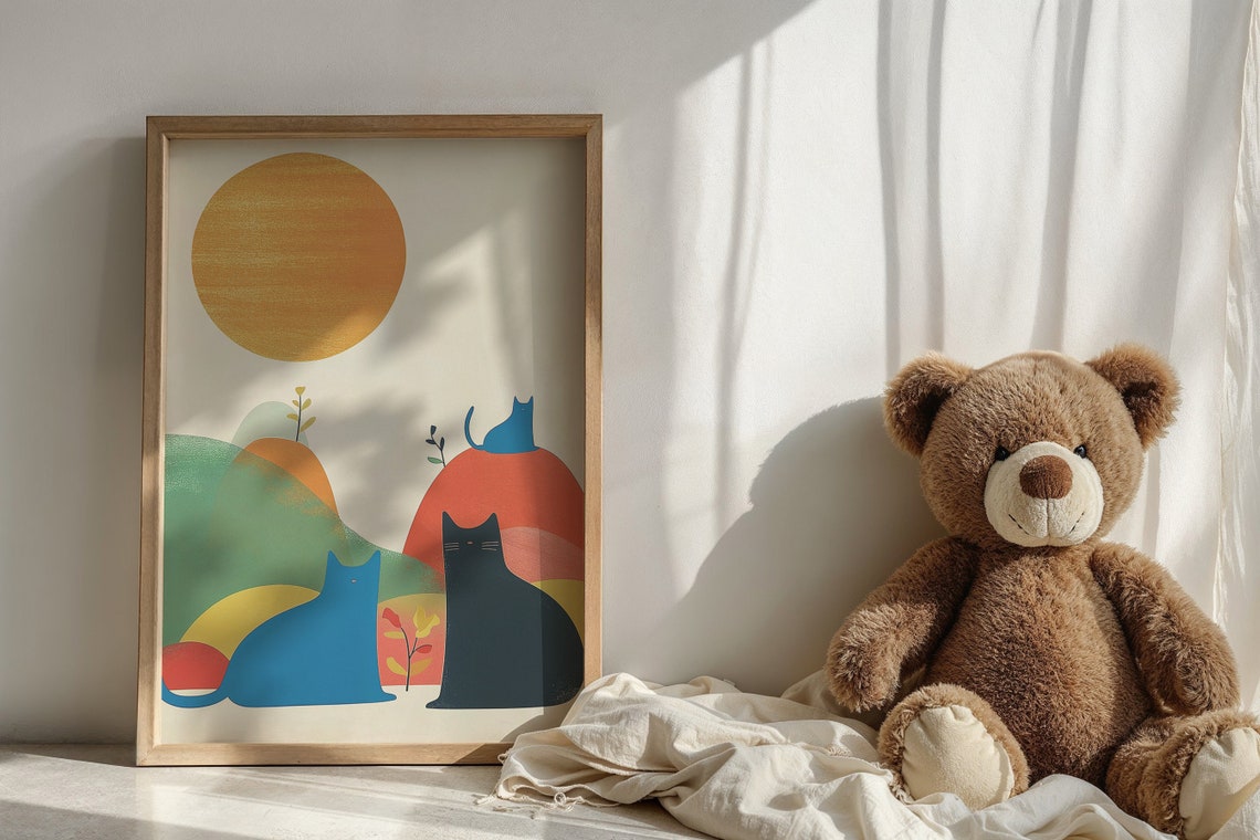 Three Cats Silhouette Sunset Hills Abstract Minimalist Poster - Image 5