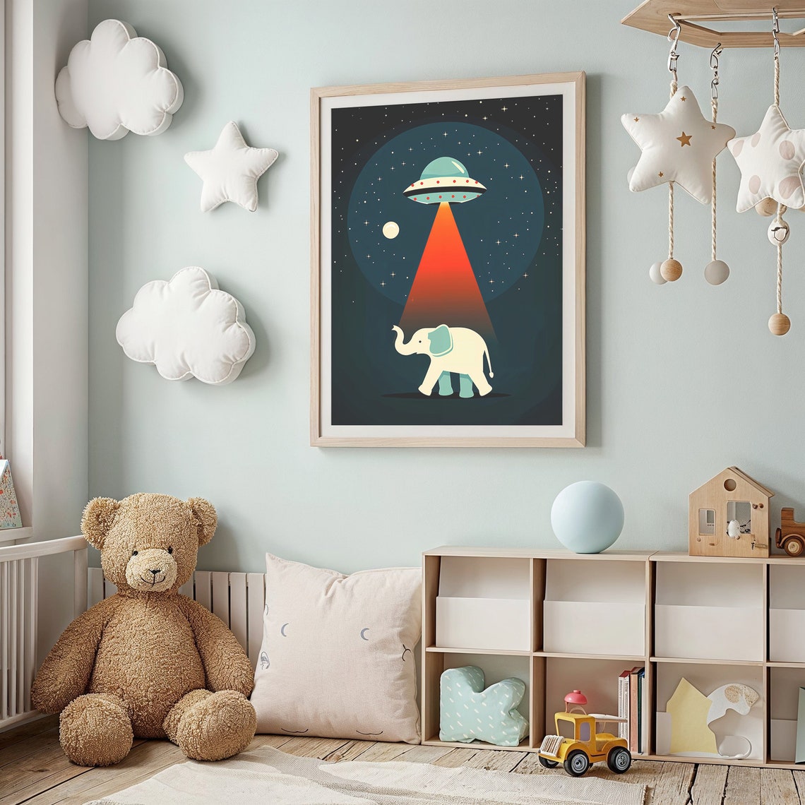 Cute Elephant UFO Abduction Red Beam Retro Space Kids Wall Art Poster - Image 2