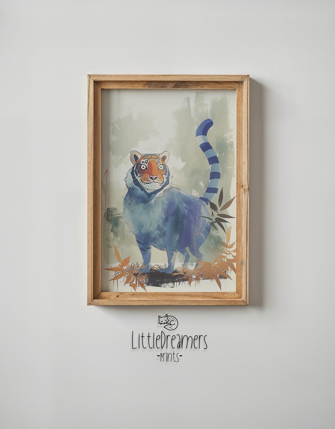 Whimsical Blue Tiger Watercolor With Orange Face Jungle Art Print - Image 4