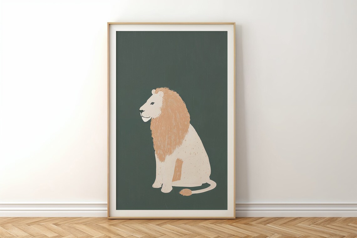 Lion With Golden Mane On Forest Green Minimalist Nursery Safari Poster - Image 5