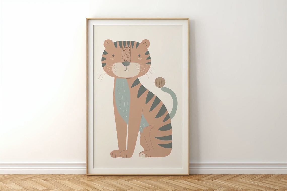 Cute Sitting Tiger Cub Sage Green Stripes Neutral Kids Wall Art Poster - Image 6